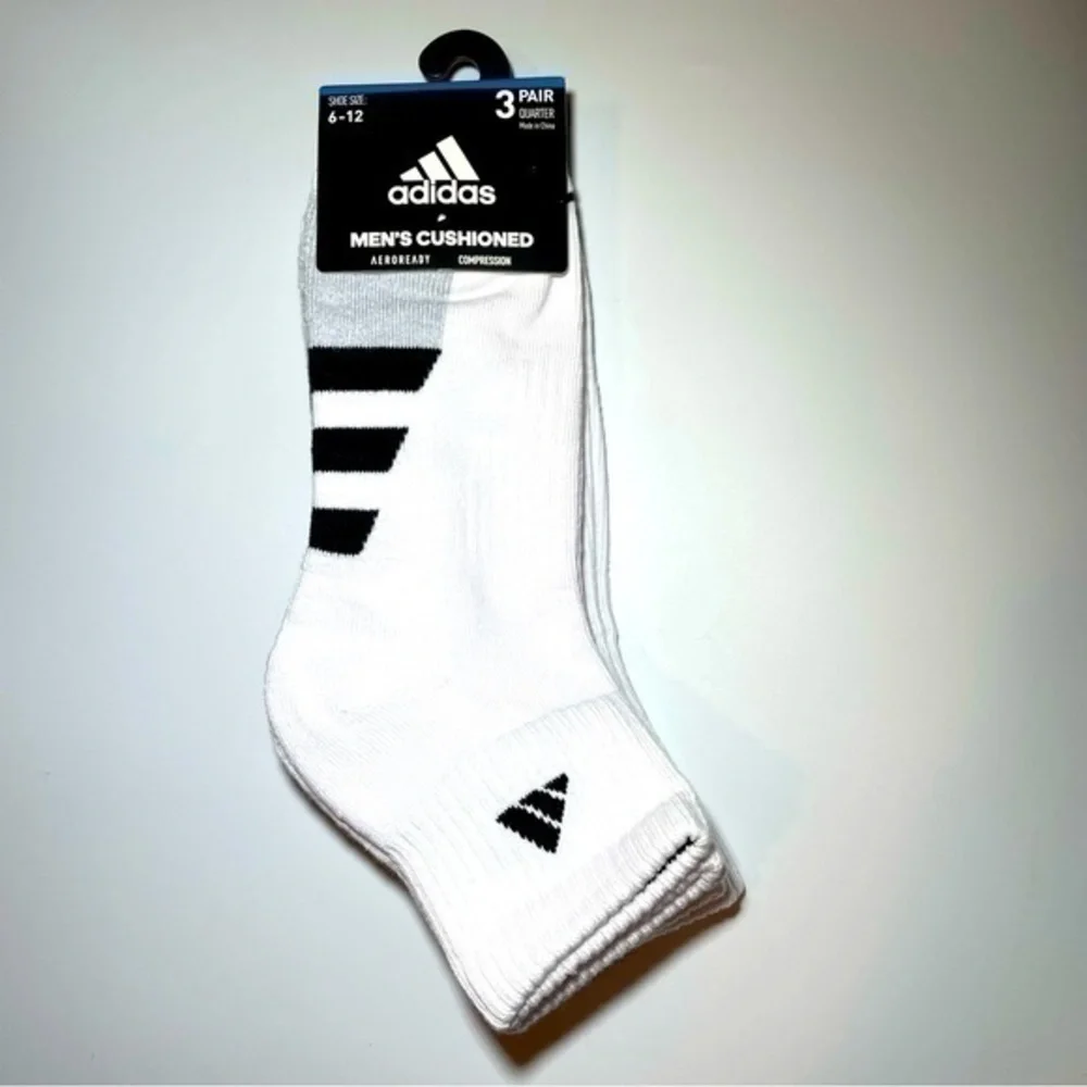 Adidas men’s quarter socks 3 pair size 6-12 white black gray